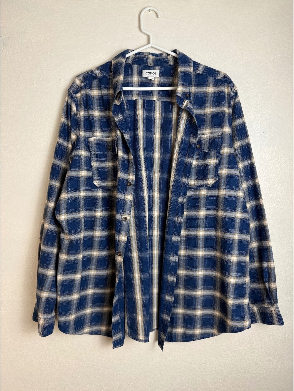 Como Man Blue Plaid Cotton Flannel Shirt Men’s XL Button Down